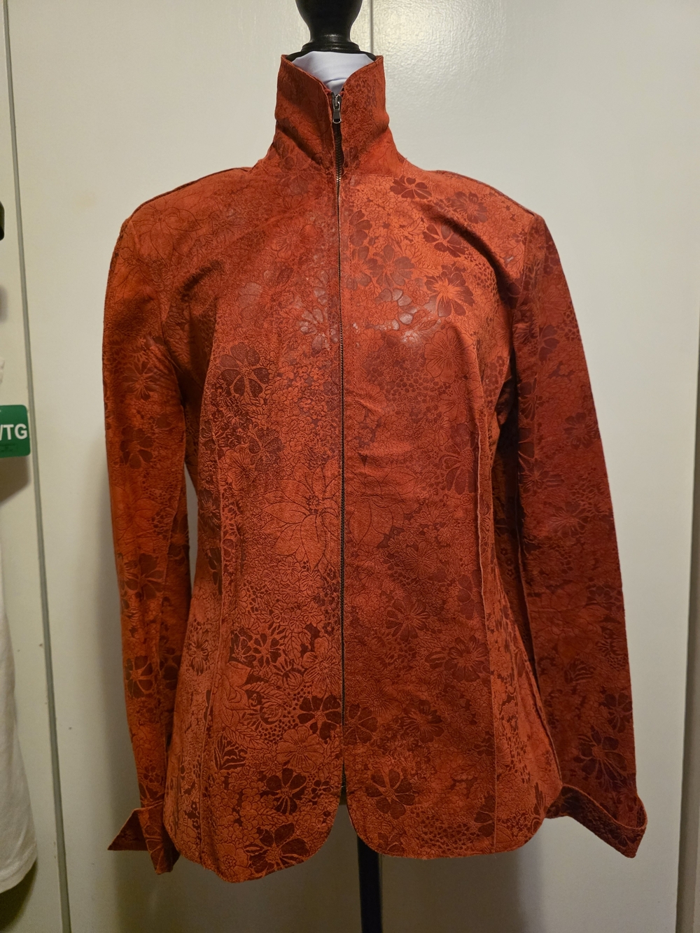 Women’s Floral Embossed Suede Zip-Front Jacket in Burnt Orange